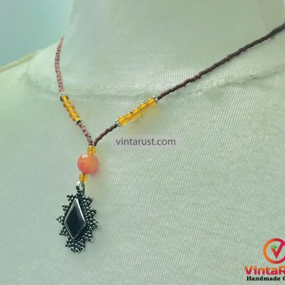 Beaded Chain Pendant Necklace, Ethnic Tribal Light Weight Necklace, Beaded Chain - Picture 6 of 10